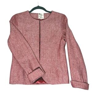 Tulle Red Herringbone Jacket Satin Lined Collarless Blazer M